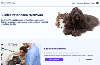 Imagen deportada de Veterinaria NyanWan con una llamada a la acción.